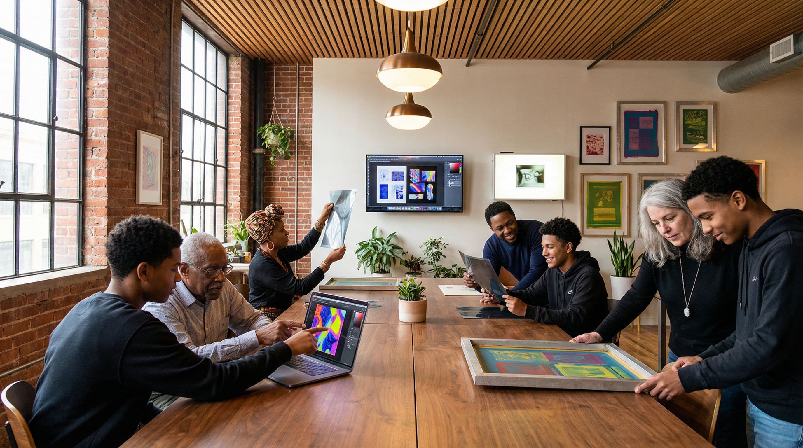 Code to Canvas workshop — intergenerational group reviews AI-generated images, film positives, and finished canvas prints showing the full pipeline