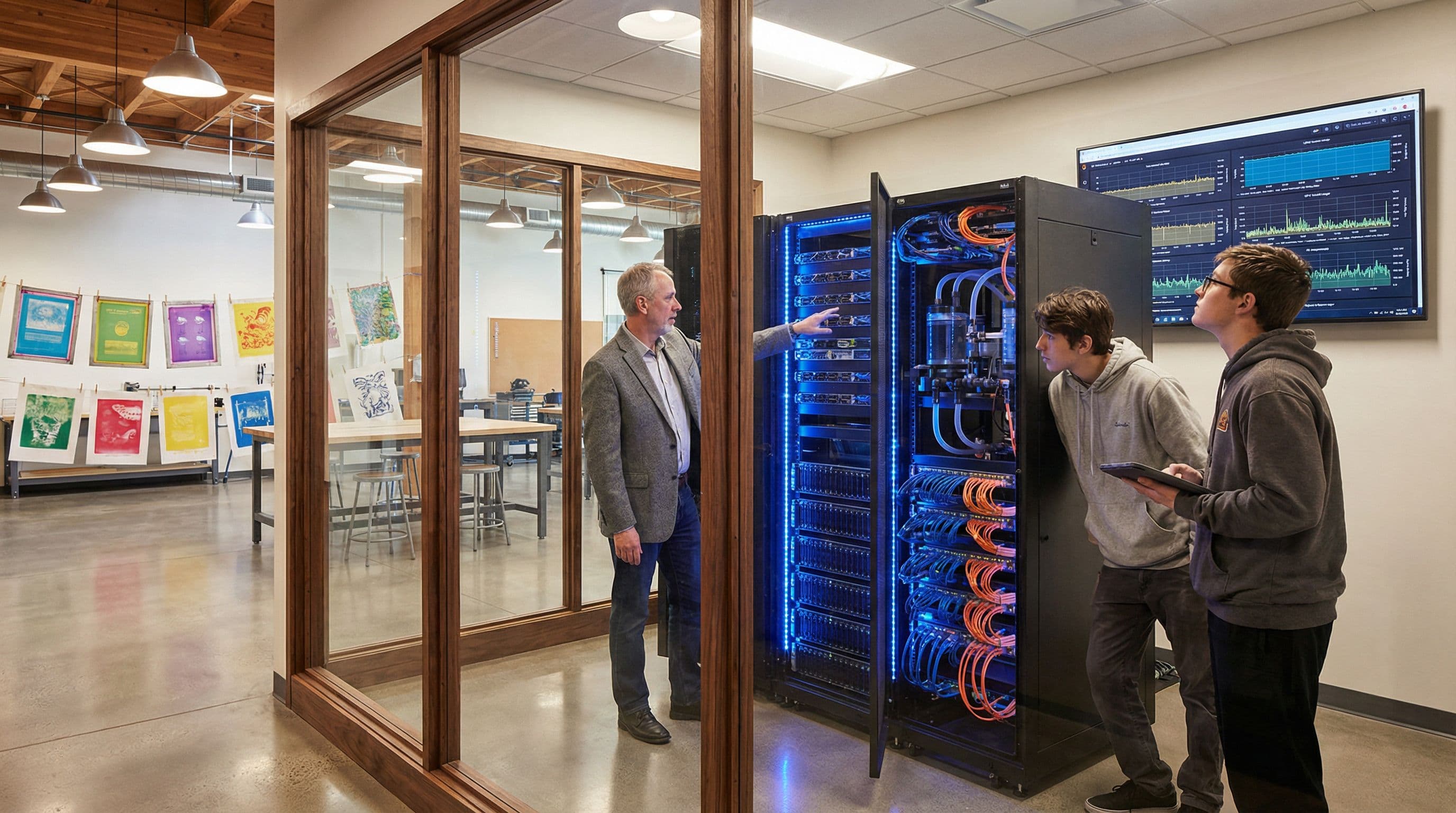 Datacenter apprenticeship training — instructor guides apprentices through GPU server management with monitoring dashboards, art prints visible through glass wall
